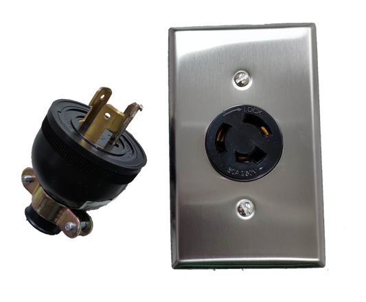 Grippes 30A Twist Lock Wall Outlet with Stainless Plate and Plug 2P+E (3P) 250V (ML-3) "30A Twist Lock Wall Outlet with Stainless (ML-3) XB103S +XB103P+H1G06+H1