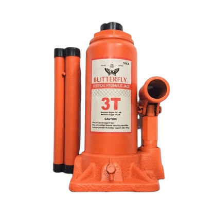 An orange Butterfly 3T vertical hydraulic jack with two orange hand pumps and a black valve cap, shown on a plain white background.