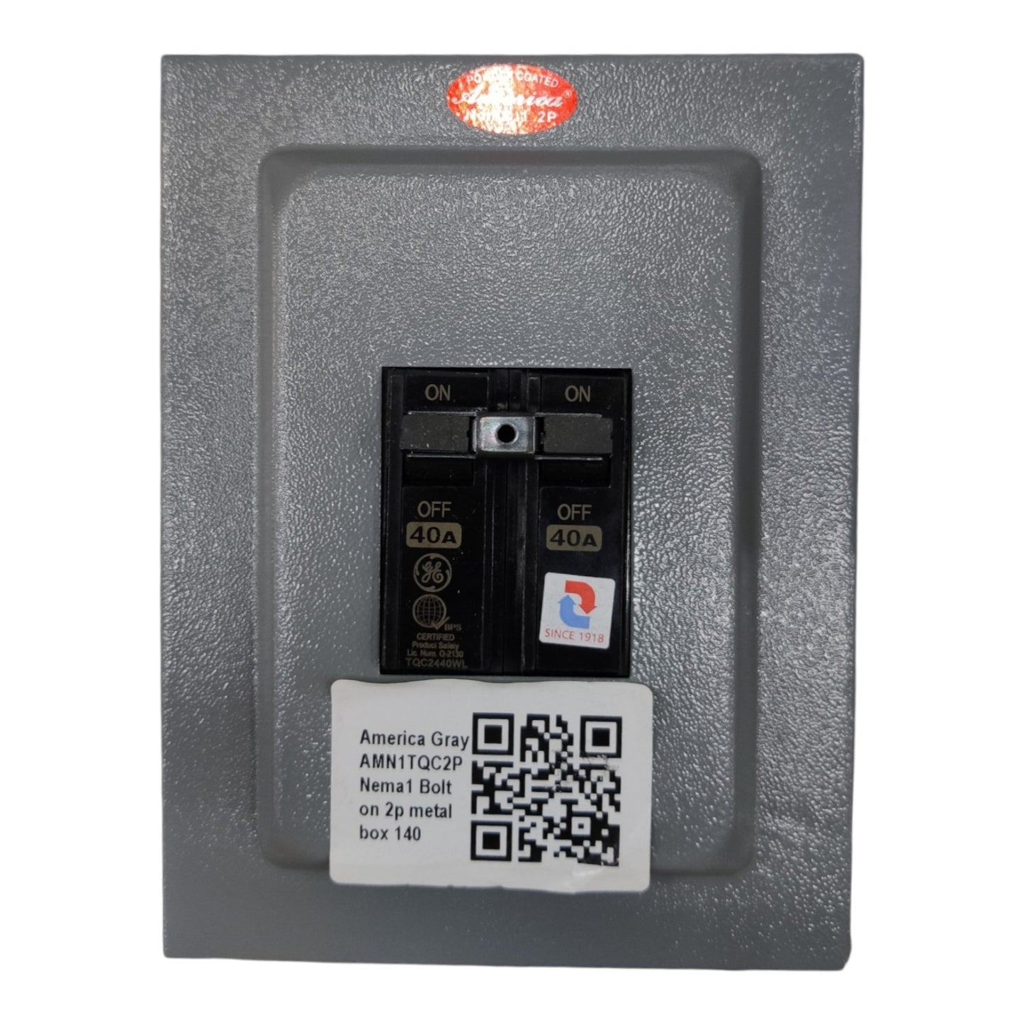 Electrical breaker panel with labels and a QR code on a white background 40A 2pole Bolt On circuit Breaker with Nema 1 Metal Enclosure available at Electx Electrical SUpply