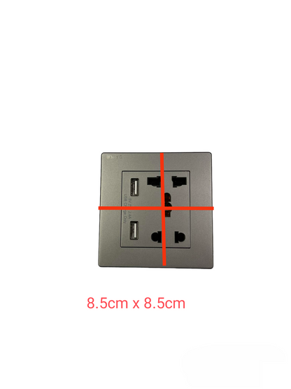 Opple Duplex Universal Outlet Square Gray 16A 250V with 2 Gang USB-A 5V 2.4A Outlet with Plate Cover F021685