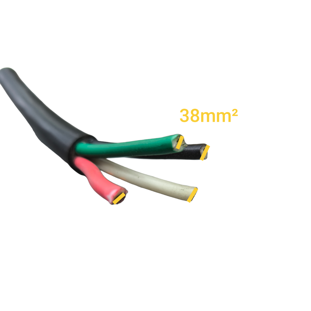 Philflex 4 core 38mm electrical cable showing insulation and wire cores in black, green, red, and white