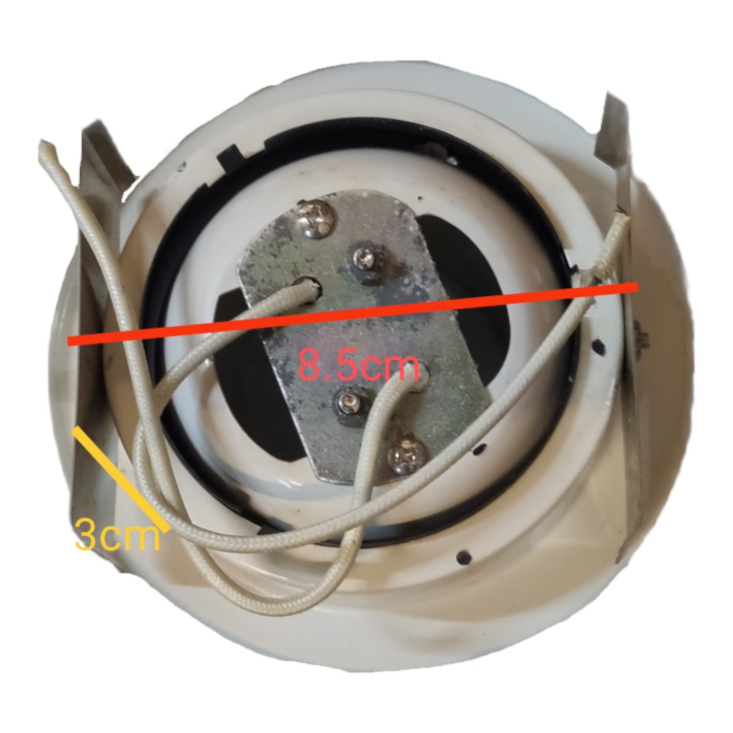Close-up of a mechanical component with labeled measurements on a white background