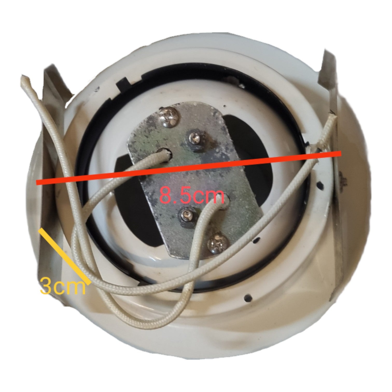 Close-up of a mechanical component with labeled measurements on a white background