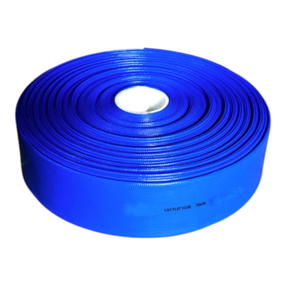 A coiled blue flat hose with a white center core, shown on a plain white background.
