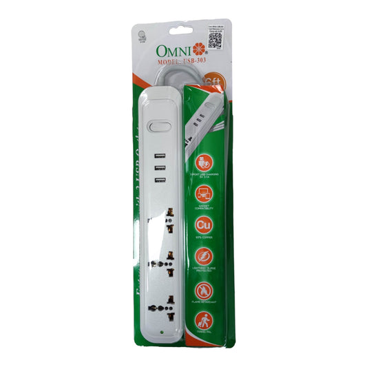 Omni 3 Gang  Extension Cord With 3 USB Outlet 3 Gang Universal Outlet and 3 USB with 1 Main Switch 2500W 2.1A USB 5V USB-303-PK