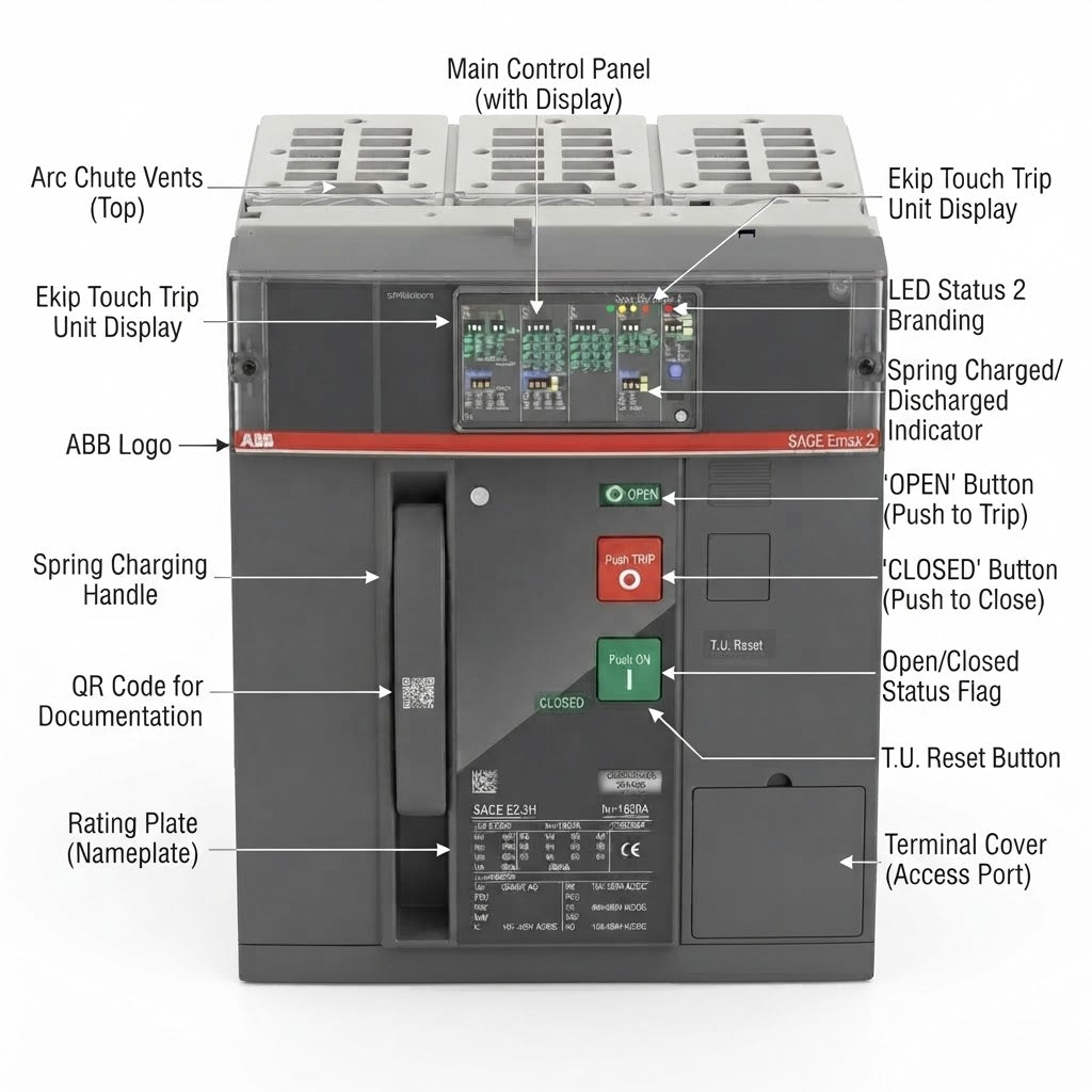 A Siemens ABB SACE E3000 electrical contactor with detailed callout labels pointing to various components such as the main control panel, touch trip unit displays, branding, buttons, and terminal covers, set against a plain white background.