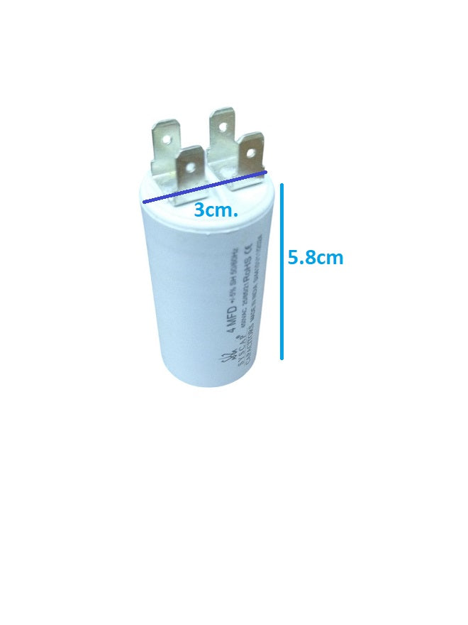 Syscap 4MFD motor running capacitor with dimensions of 3cm by 5.8cm for electrical applications