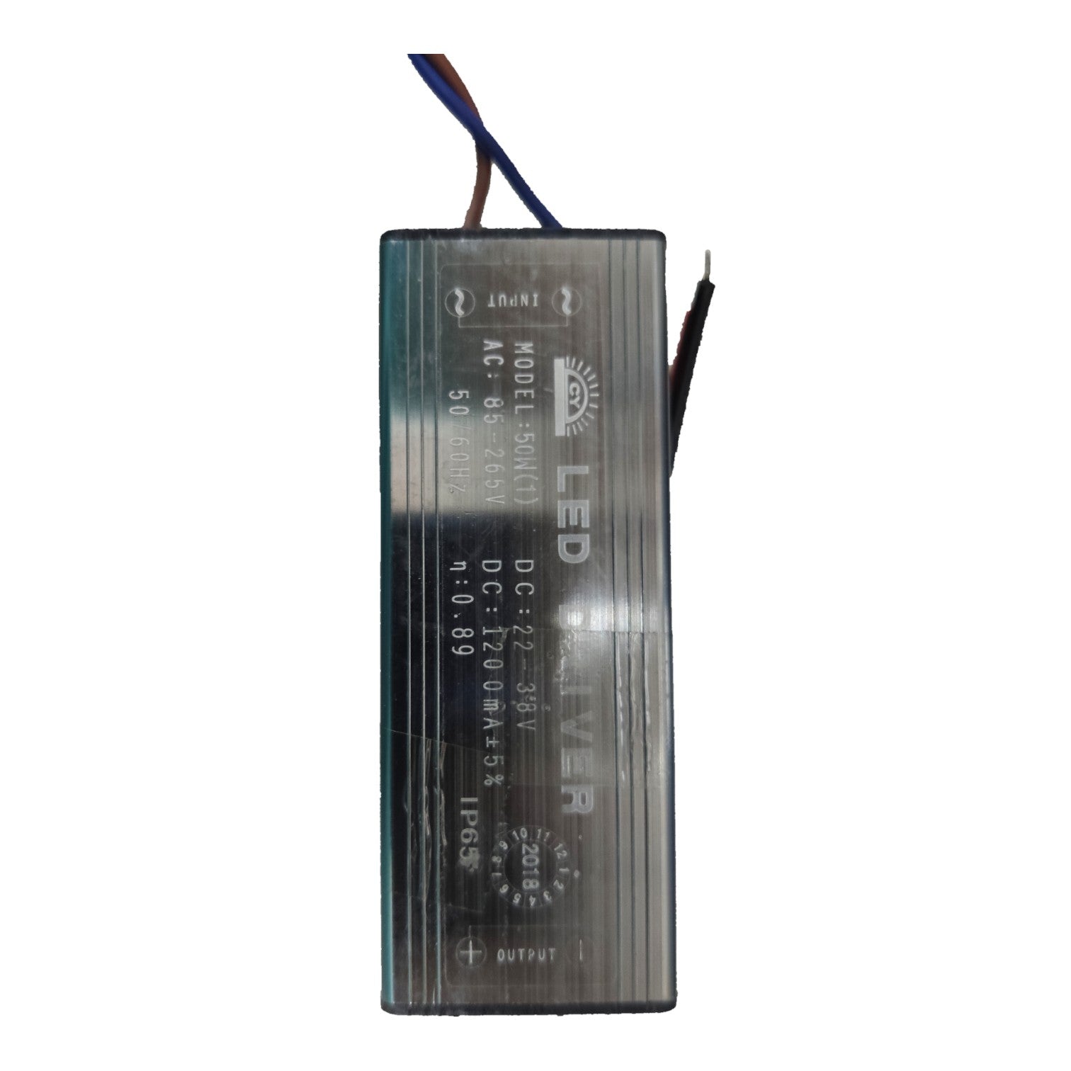A 50W DC LED driver power supply with a ribbed metal casing, featuring blue, red, and black wires at the top, shown against a plain white background.