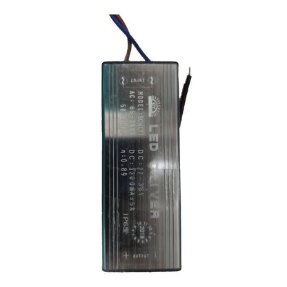 A 50W DC LED driver power supply with a ribbed metal casing, featuring blue, red, and black wires at the top, shown against a plain white background.