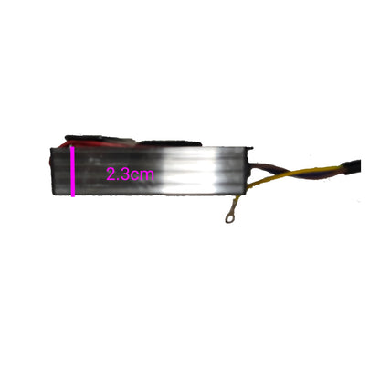 A small cylindrical metal component with attached wires on a plain white background, overlaid with a pink measurement marker reading 2.3cm.