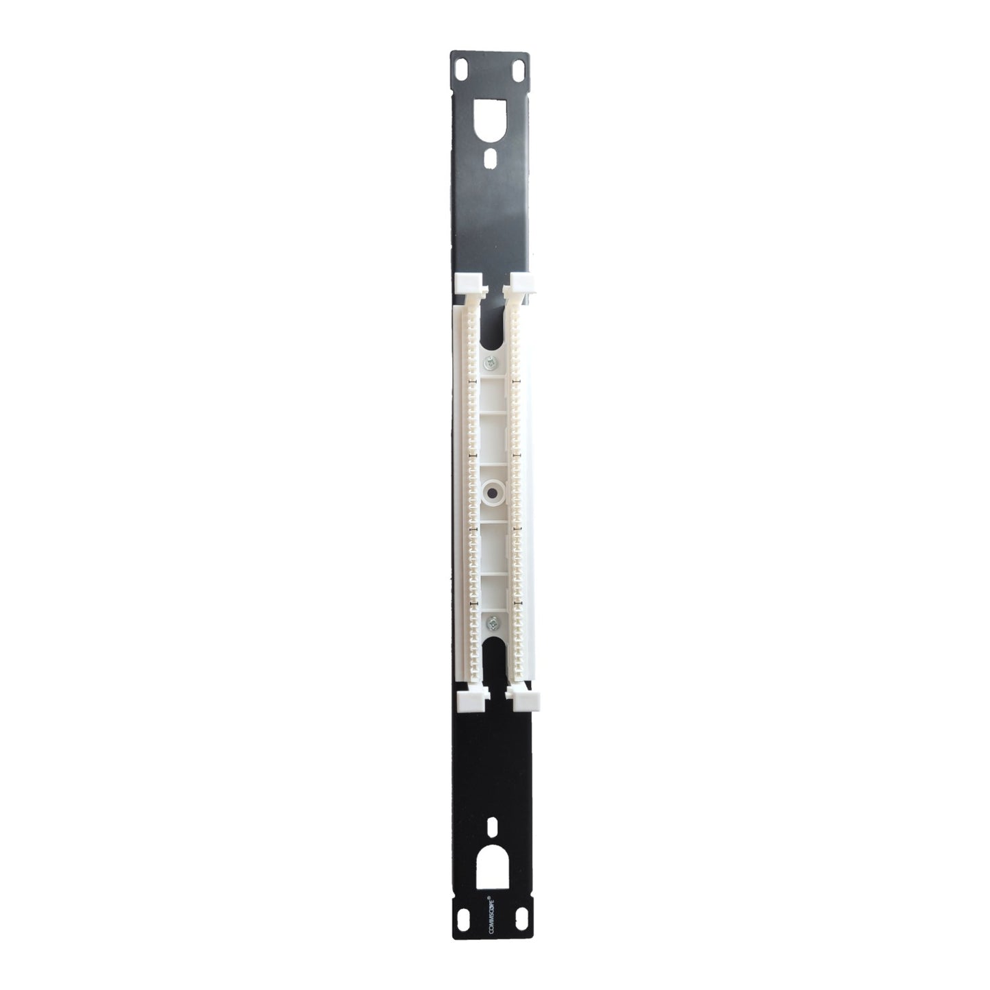 A vertical black metal mounting bracket with a white plastic connector strip in the center, isolated on a white background.