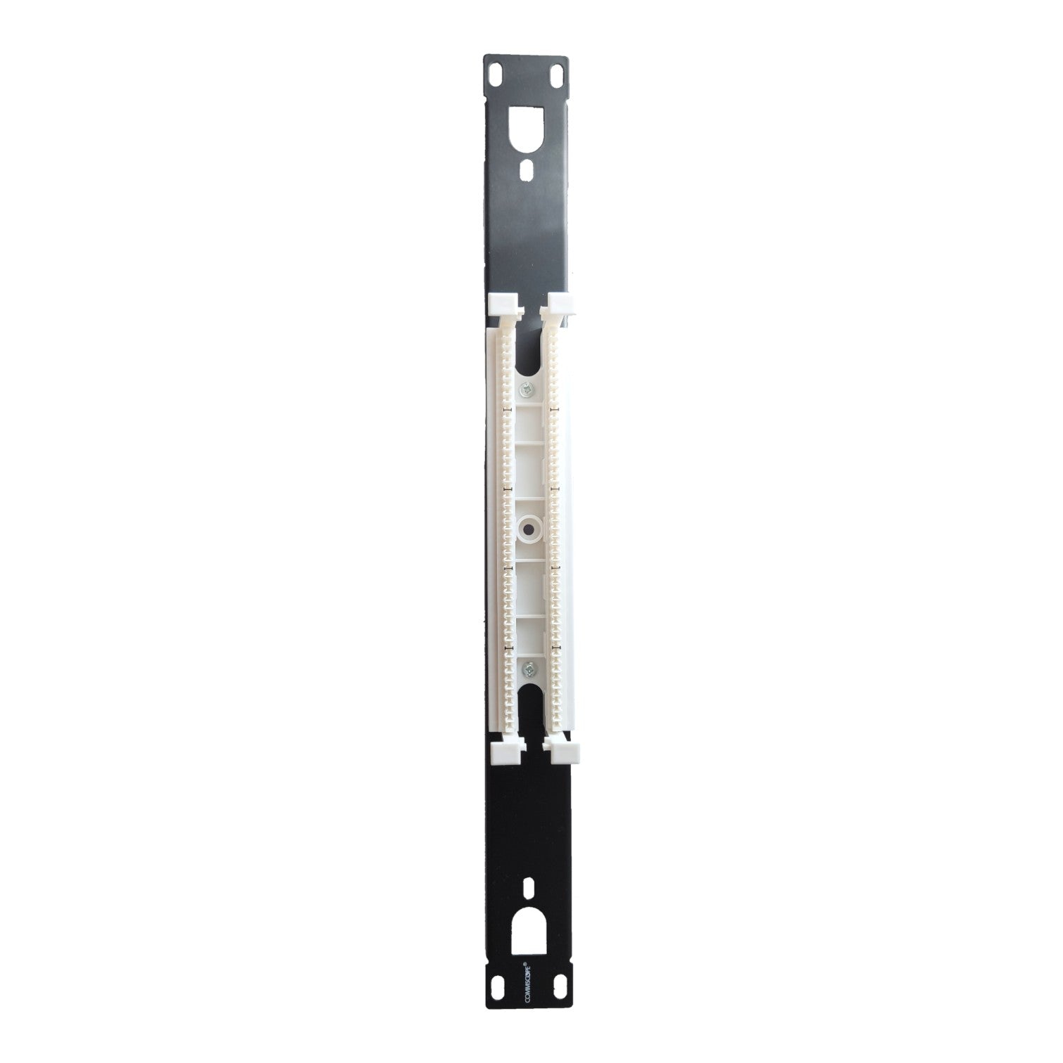 A vertical black metal mounting bracket with a white plastic connector strip in the center, isolated on a white background.