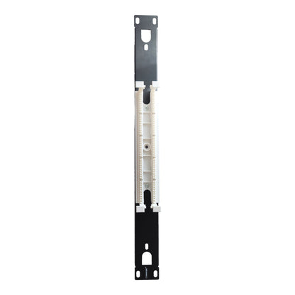 A vertical black metal mounting bracket with a white plastic connector strip in the center, isolated on a white background.