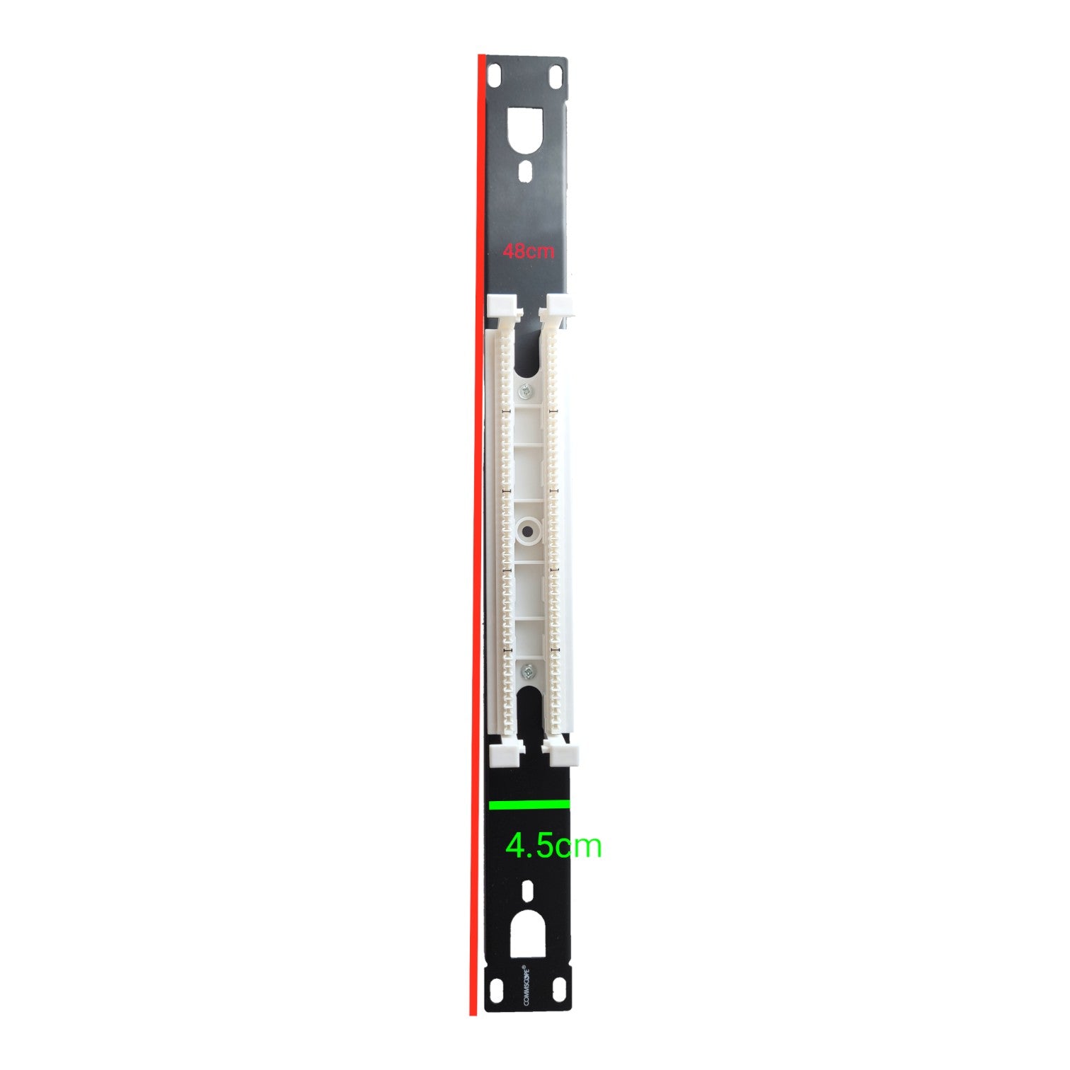 A vertical fiber optic patch panel connector module with a black metal frame, white plastic internal structure, and red guide rails, shown on a white background with a green '4.5cm' measurement overlay.