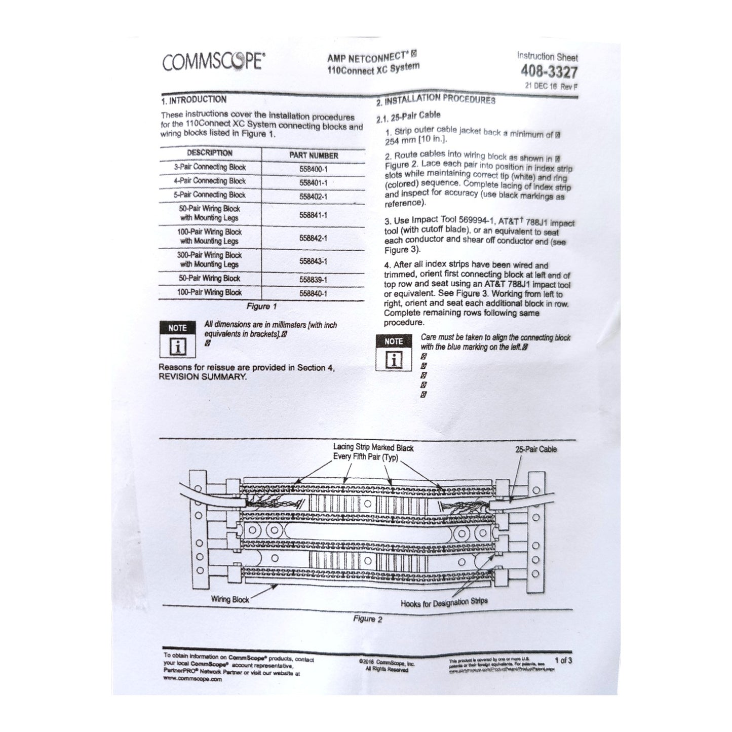 An instruction sheet for the AMP NetConnect III 110Compact XC System by CommScope, showing installation procedures, wiring blocks, and connection diagrams on a white background.