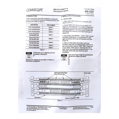 An instruction sheet for the AMP NetConnect III 110Compact XC System by CommScope, showing installation procedures, wiring blocks, and connection diagrams on a white background.