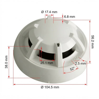 A white round smoke detector with red dimension lines and measurements showing diameter, height, and other physical dimensions on a white background.