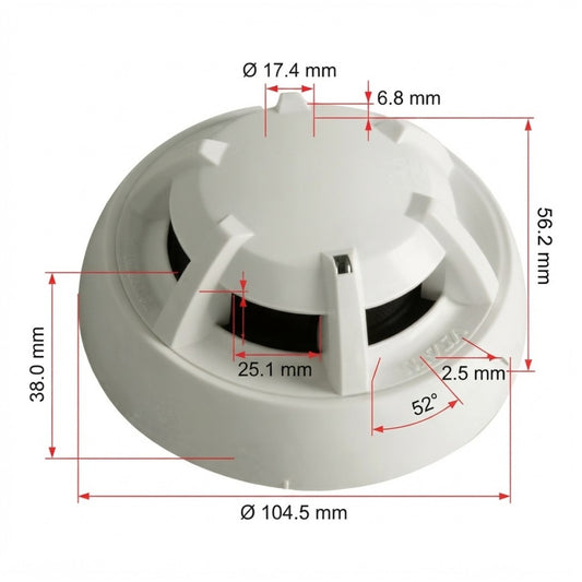 A white round smoke detector with red dimension lines and measurements showing diameter, height, and other physical dimensions on a white background.