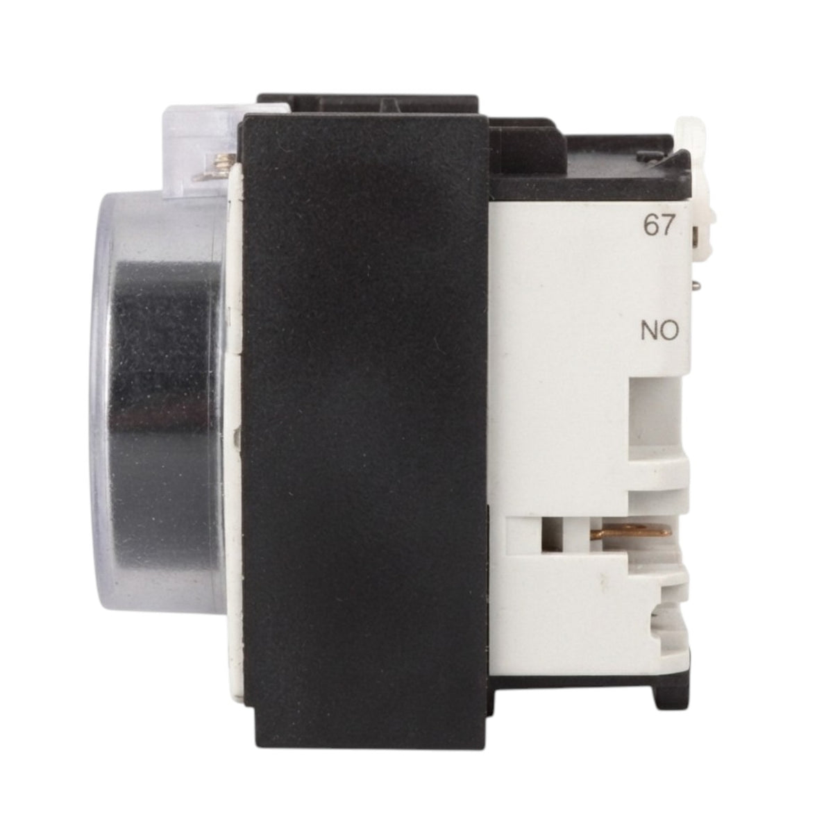 A close-up of an electrical contactor or relay component, showing a black central body, a white terminal housing marked '67' and 'NO', and a clear plastic cover on the left side, isolated on a white background.