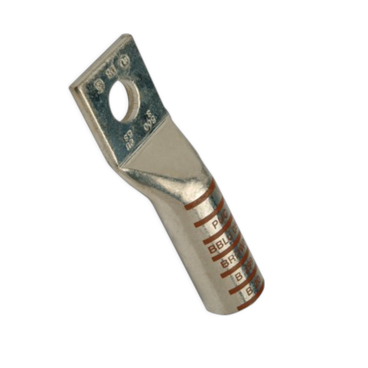 A metal electrical terminal block with a circular hole in the top tab, featuring printed color-coded stripe markings and text on the cylindrical body, isolated on a white background.