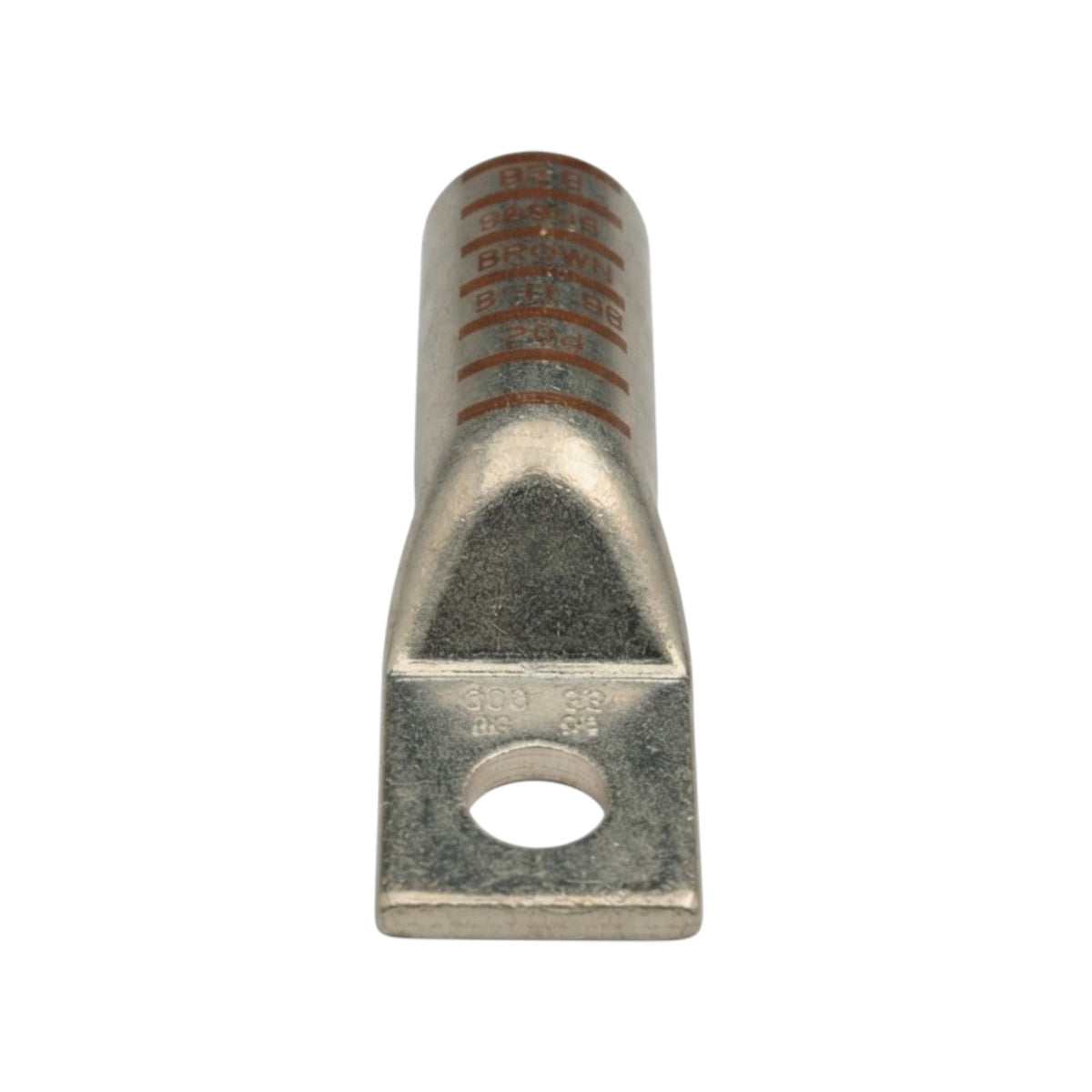 A metal electrical terminal block with a threaded connector on one end and a flat grounding tab with a hole on the other, shown on a white background.