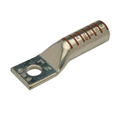 A metal electrical terminal block with a circular hole and a tapered connector end, featuring red and white printed size markings and stamped specifications on a white background.