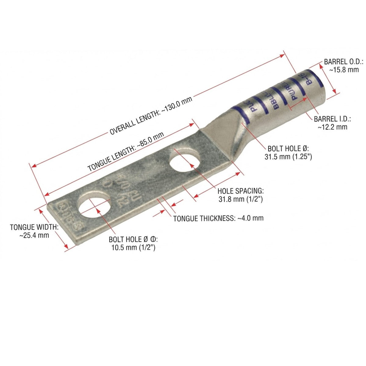 Pennunion AWG 1/0 Terminal Lugs Double Hole 50mm Long Barrel 5/16 Stud Size Crimp Type (BBLU-1/0D)