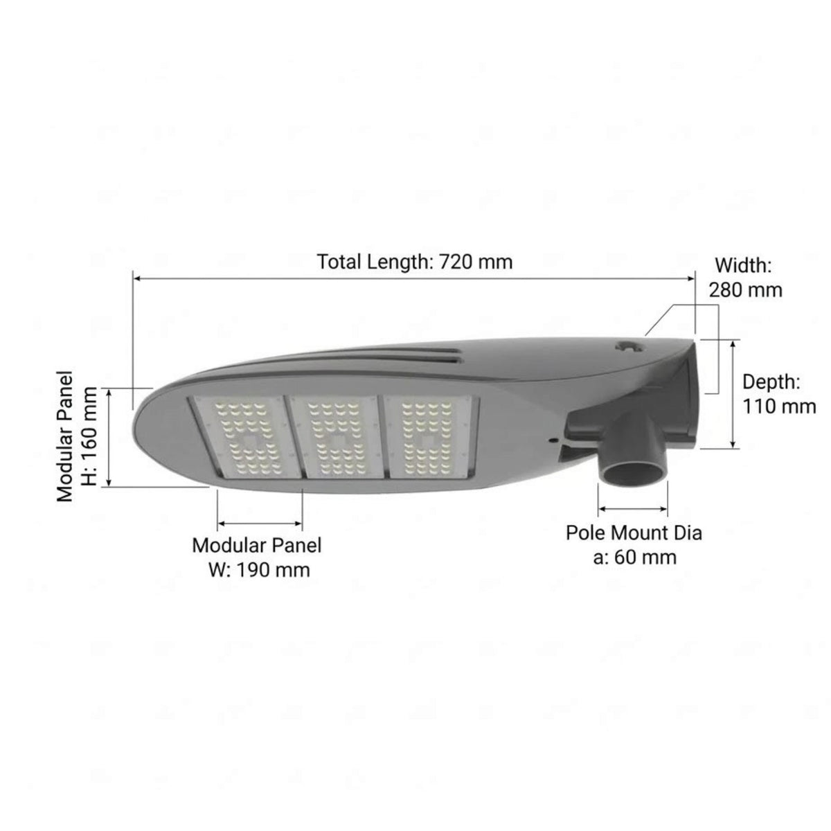 A technical dimension diagram of a modern modular LED street light on a plain white background, showing measurements for total length, width, depth, module panel dimensions, and pole mount diameter.