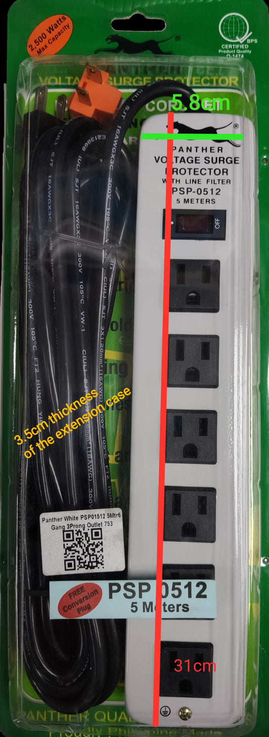 Panther 6 gang extension cord 5 meters with surge protector and black power strip