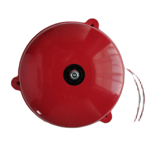 Grippes 6 inch fire alarm bell 220V in red with mounting holes and exposed wiring