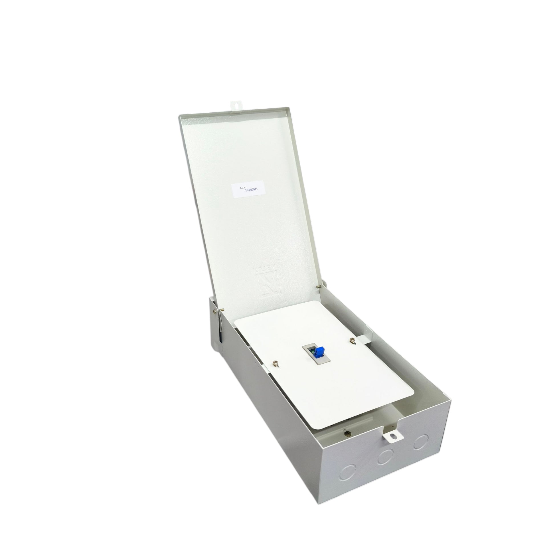 Koten 60A industrial circuit breaker outdoor in a protective metal casing with an open lid