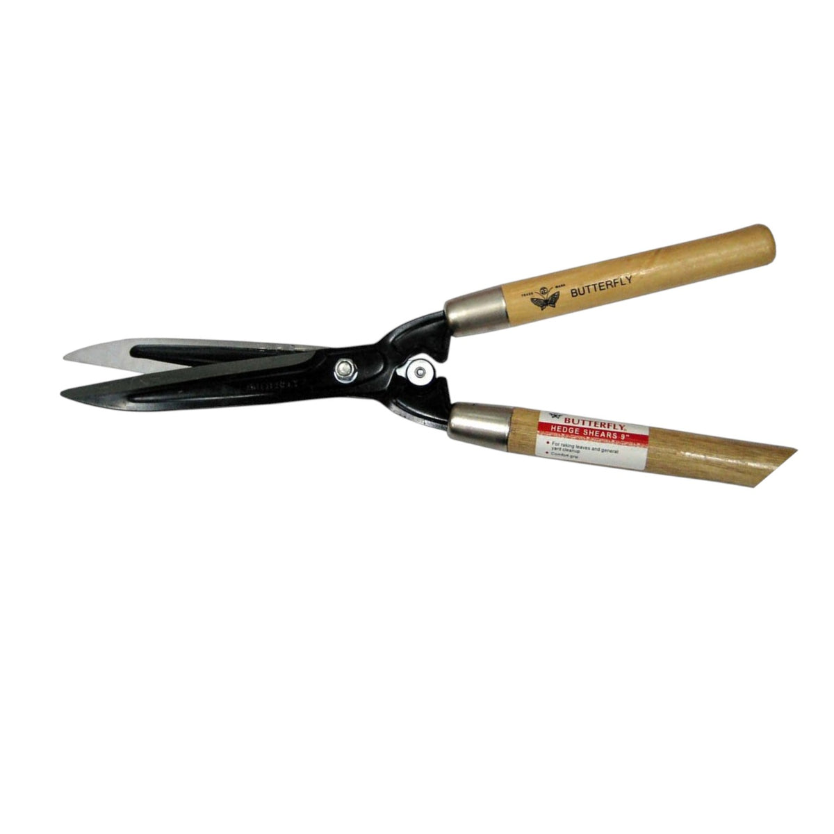 A pair of butterfly shears with black metal blades and light brown wooden handles, shown on a plain white background.