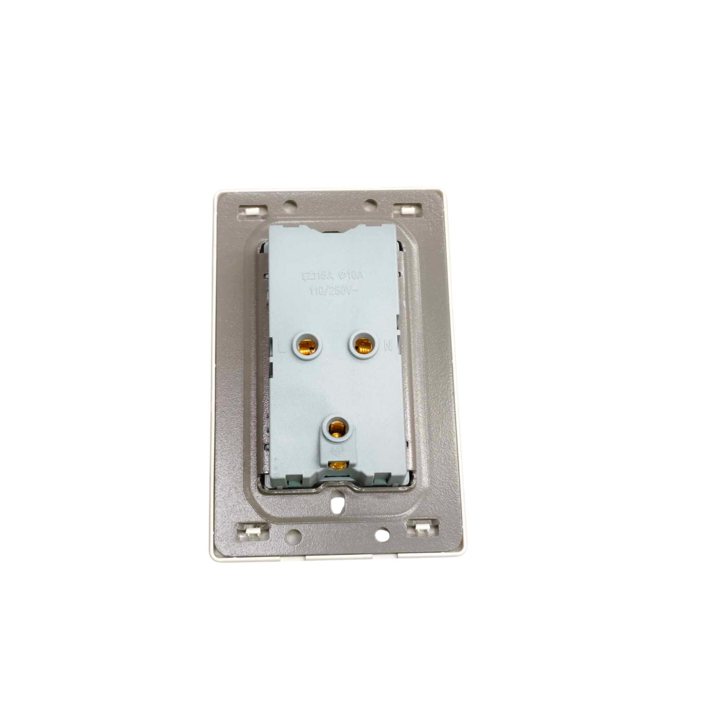 A silver metal electrical outlet plate with a light blue-gray internal socket cover, featuring two gold-colored screw terminals, shown against a plain white background.