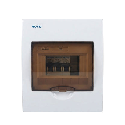 A white Royu electrical distribution board cover with a brown translucent front window showing the internal circuit breakers, on a solid white background.
