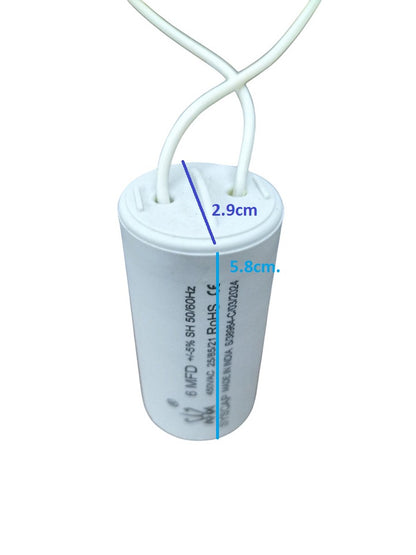 6MFD Motor Running Capacitor with white casing and two wires for electrical applications