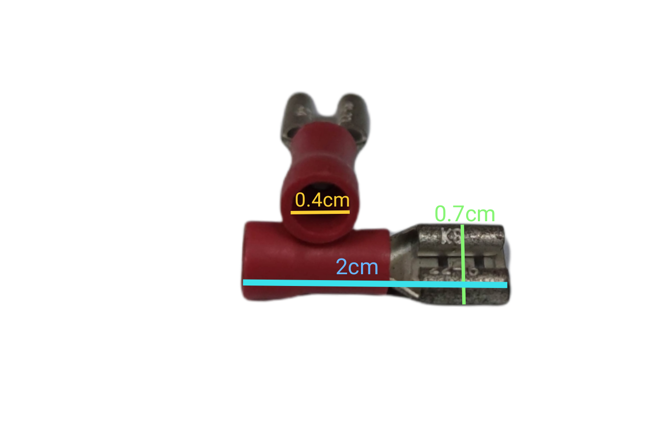 Two 6mm insulated spade connectors Type showing measurements for clear identification and application