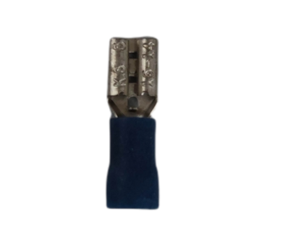 6mm male and female spade lugs in silver and blue for secure electrical connections