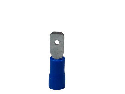 6mm male and female spade lugs with a blue insulated connector for electrical wiring projects