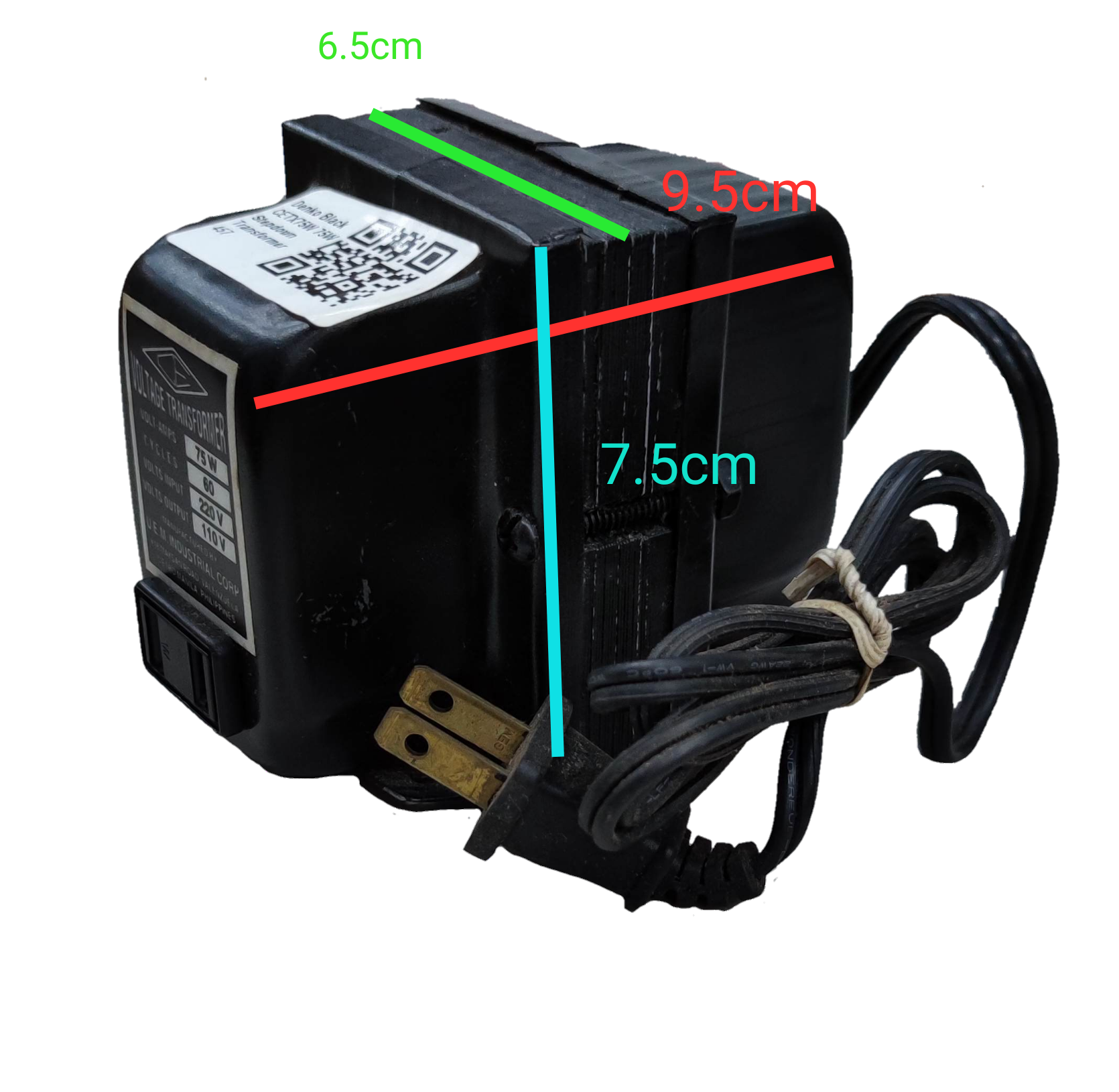 CE 75W step down transformer 220V to 110V black power converter with attached plug and cable
