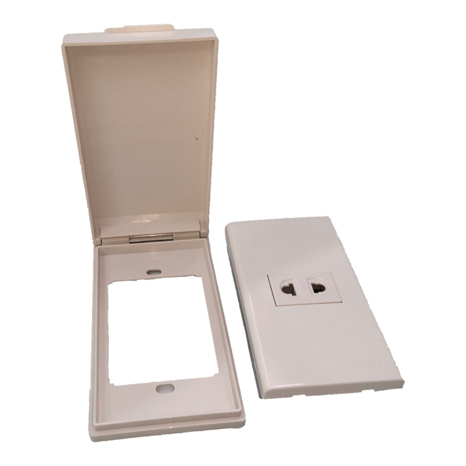 A beige plastic electrical outlet cover plate shown in two pieces, with the back plate open to reveal the socket opening and the front plate displaying the two-pin socket.