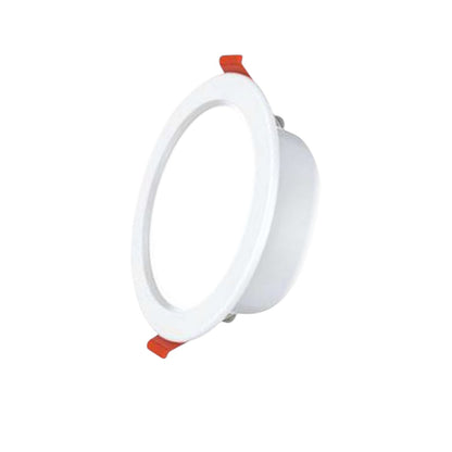 A white recessed light downlight with red plastic release tabs on a solid white background.