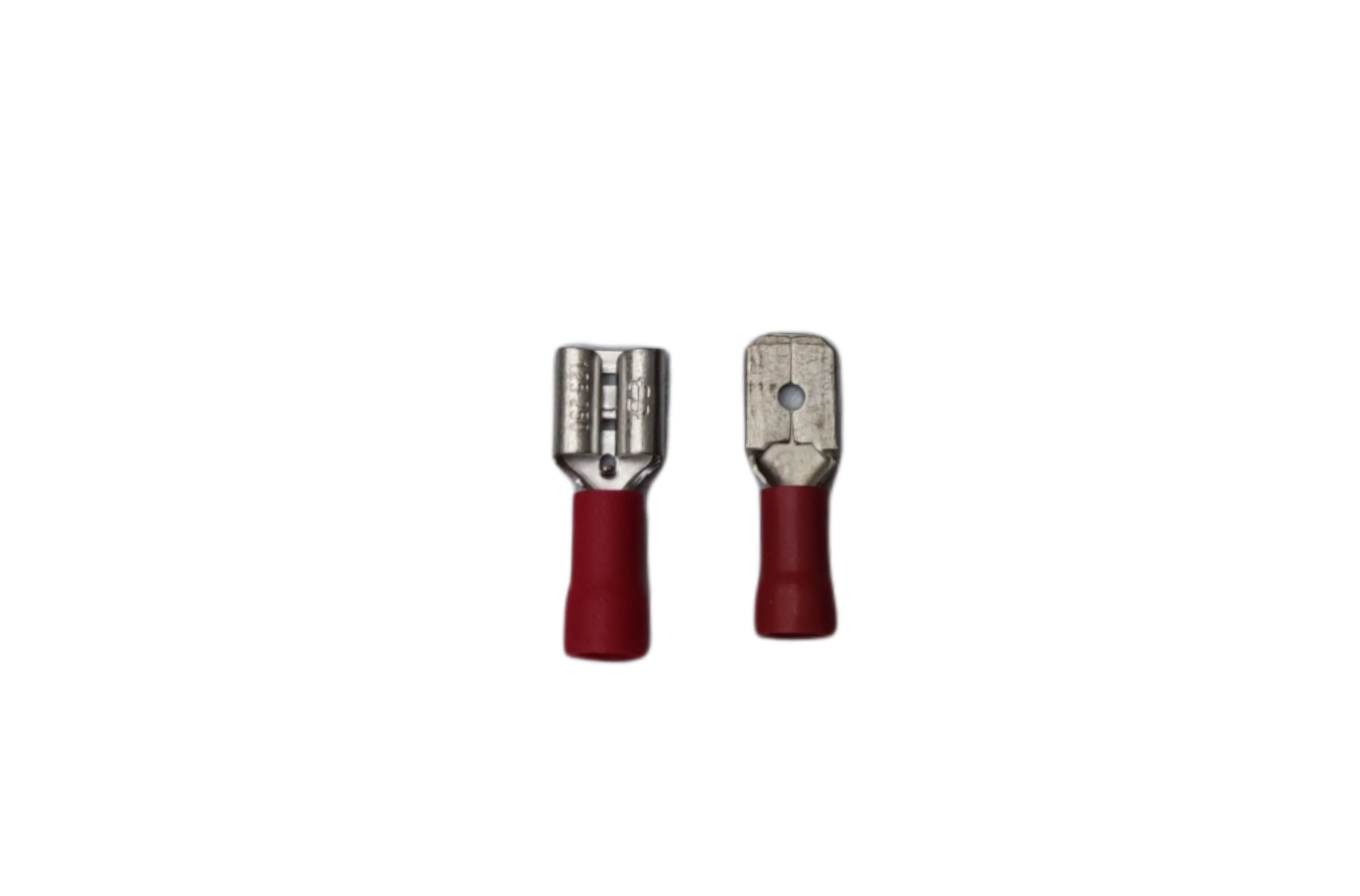 Two 7mm terminal lugs for electrical wiring with red insulated grips for secure connections