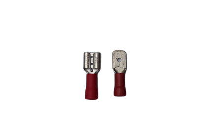 Two 7mm terminal lugs for electrical wiring with red insulated grips for secure connections