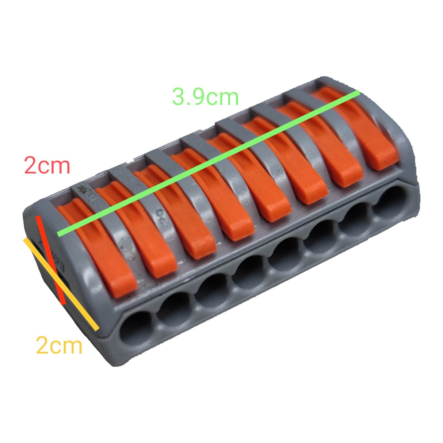 8 way wire connector in gray with orange clips for secure electrical connections