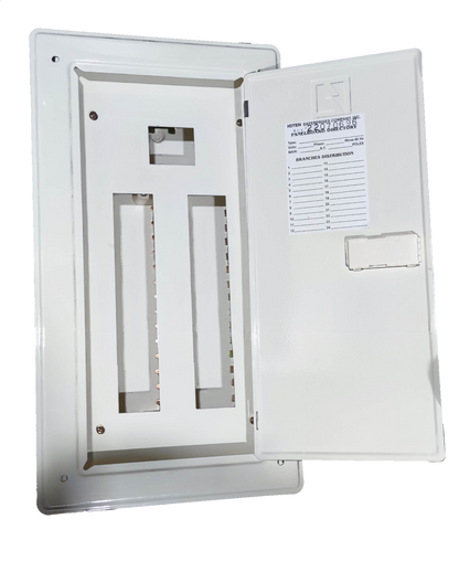 White metal 80A 2 pole panel board electrical circuitry enclosure with open door and circuit slots