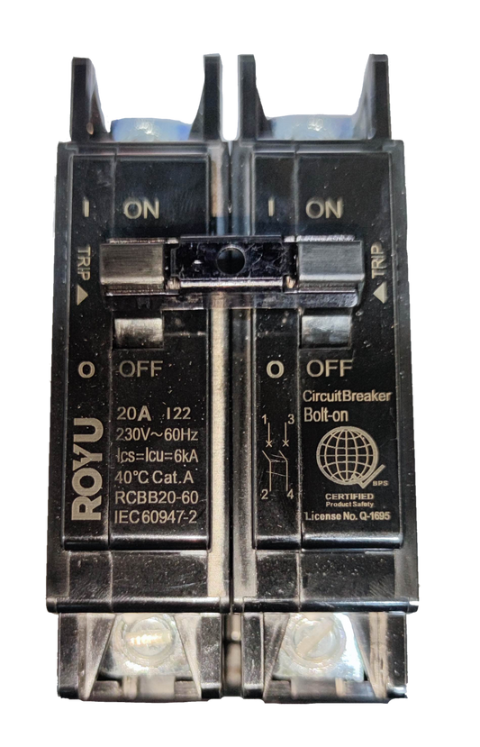 Royu 20A Circuit Breaker 2 Pole Single Phase 220V Bolt On with Mechanical Lugs RCBB20-60