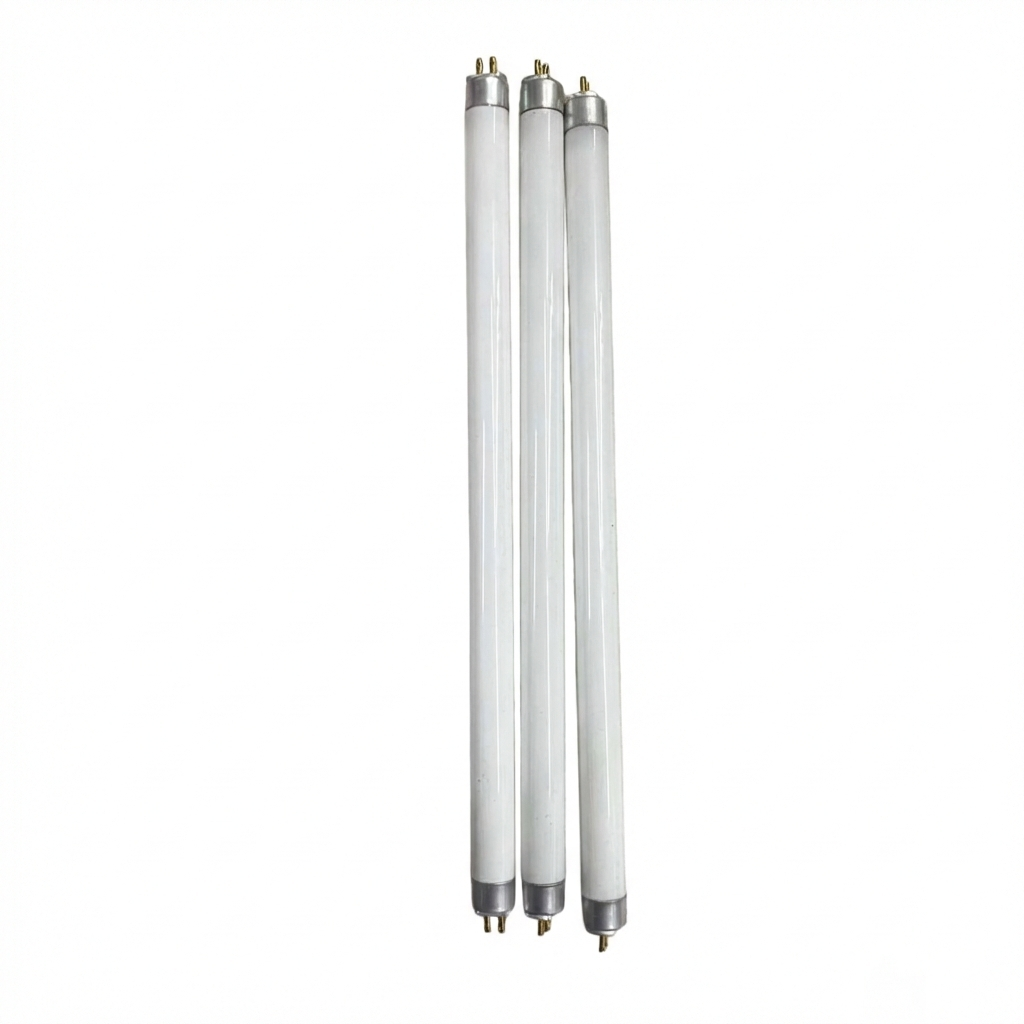 Three fluorescent light bulbs on a white background