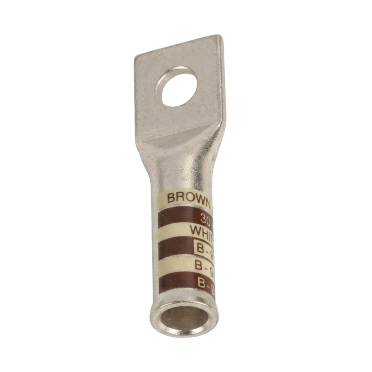A single metal electrical terminal with a flat back and a threaded brown connector, featuring printed color-coded markings on its body.