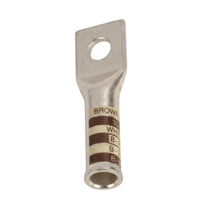 A single metal electrical terminal with a flat back and a threaded brown connector, featuring printed color-coded markings on its body.