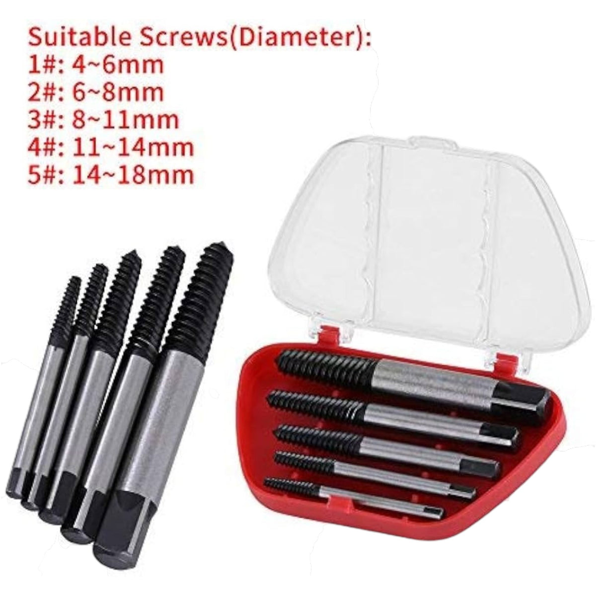 A set of five metal thread tapping bits with black tips, shown next to their red plastic storage case with a clear lid. Red text at the top lists the suitable screw diameters from 1# to 5#.